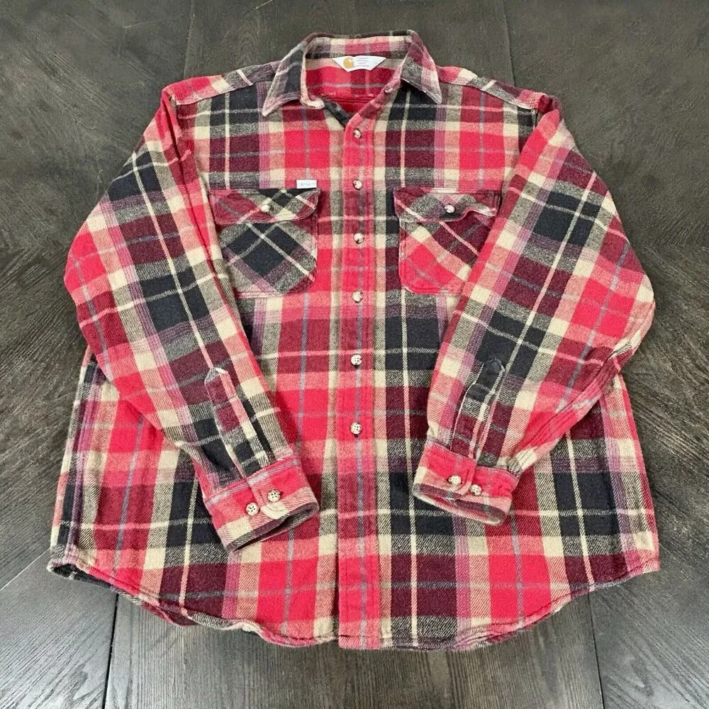 Vtg Carhart Small Red Black Plaid Button-Up Flannel Work Chore GUC - Picture 2 of 9